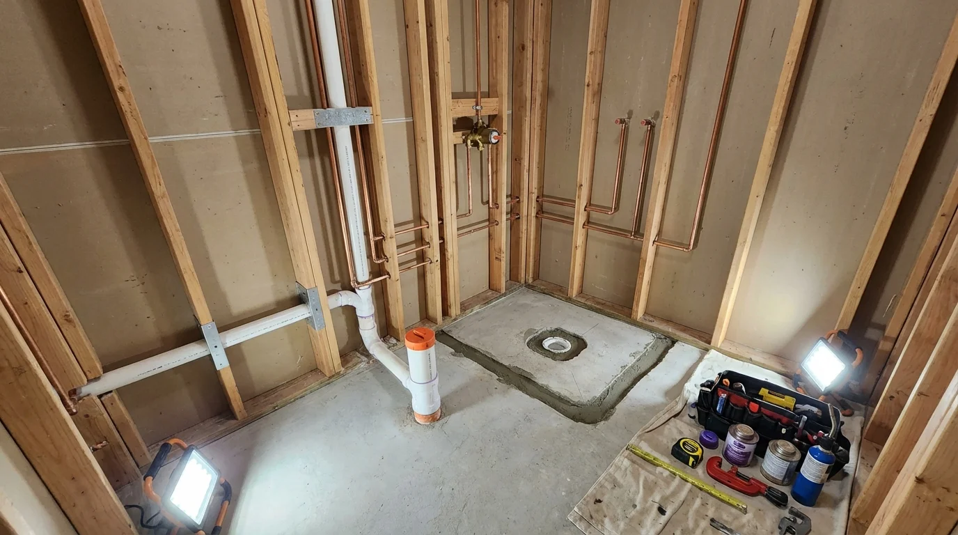 Bathroom rough-in plumbing during remodel by Johns Plumbing LLC in Orange Cove
