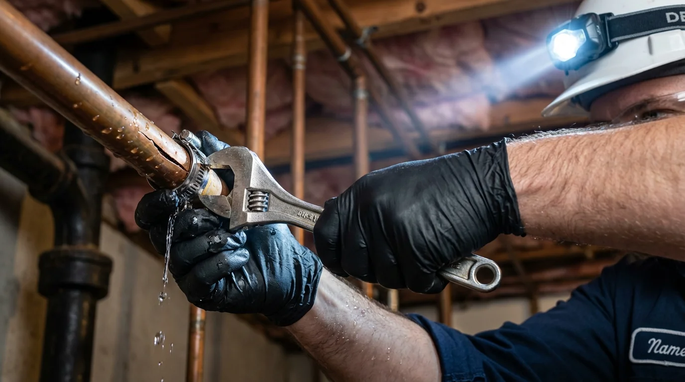 Emergency pipe clamp repair being performed by a Johns Plumbing LLC plumber in Orange Cove