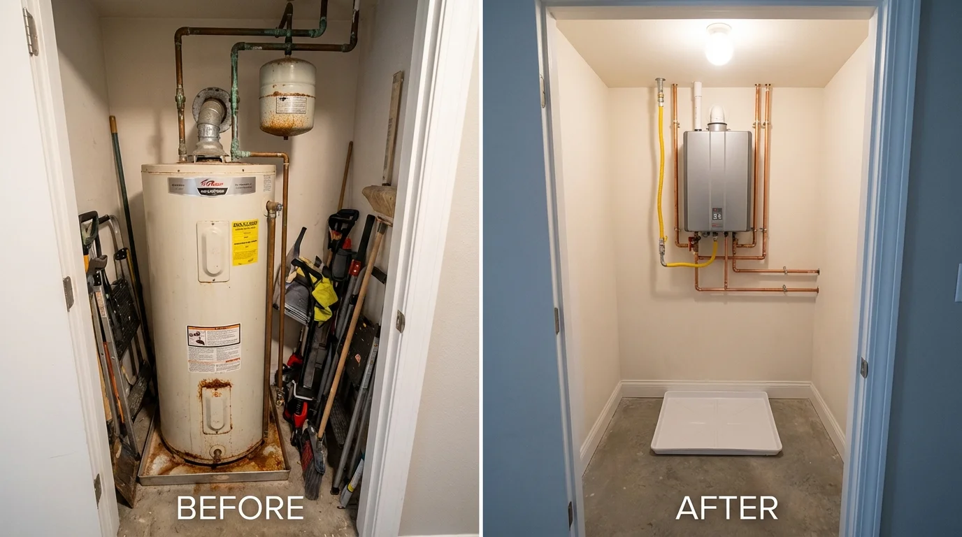 Tank water heater versus wall-mounted tankless unit comparison for Orange Cove, CA homeowners