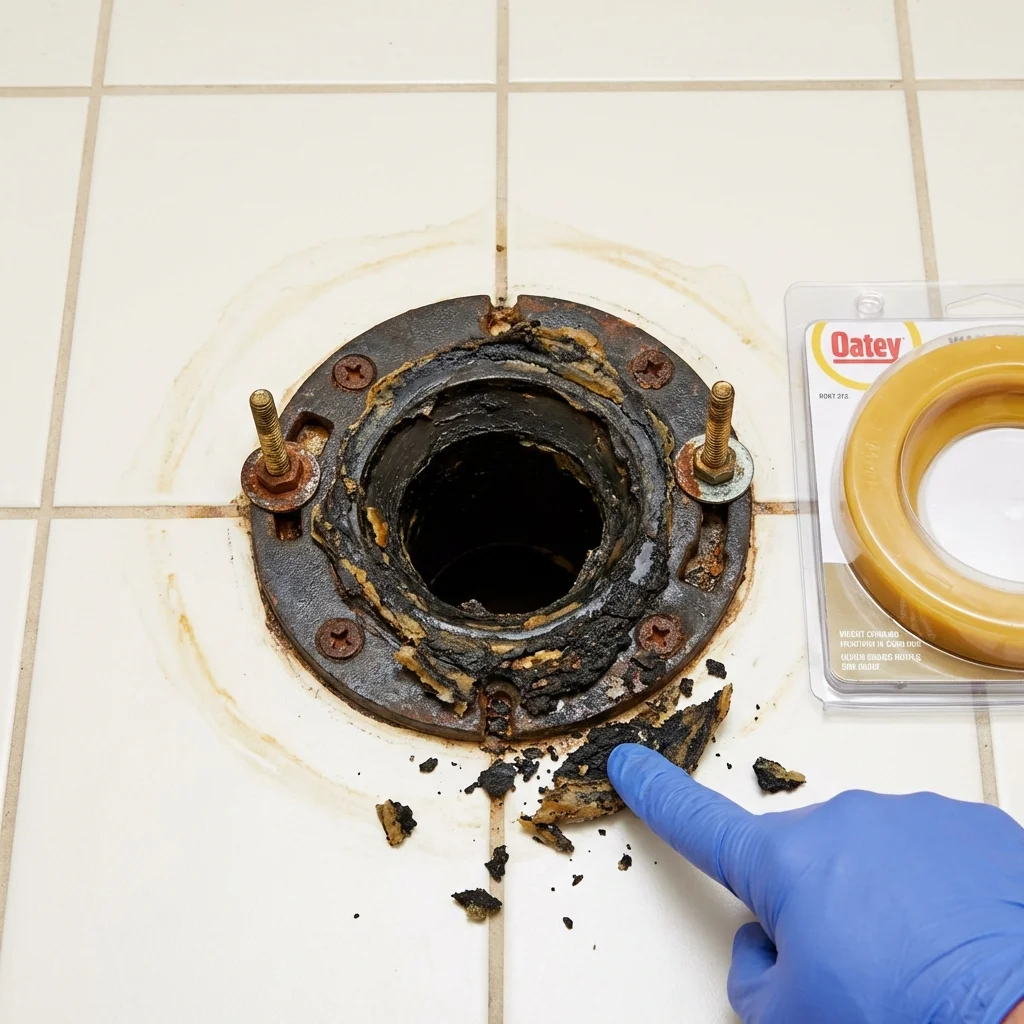 Failed wax ring showing water seepage at the base of a toilet in a Orange Cove, CA home