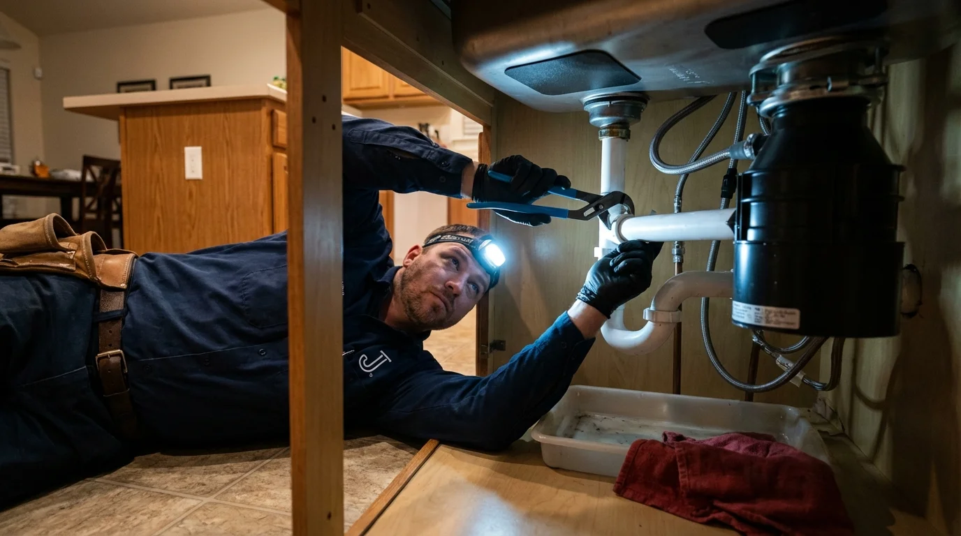 P-trap and supply line connections under a kitchen sink showing a common leak point in Orange Cove, CA